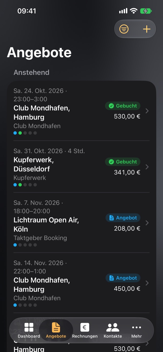 CUEdash: Liste der Angebote mit Status, Verlaufspunkten und Beträgen