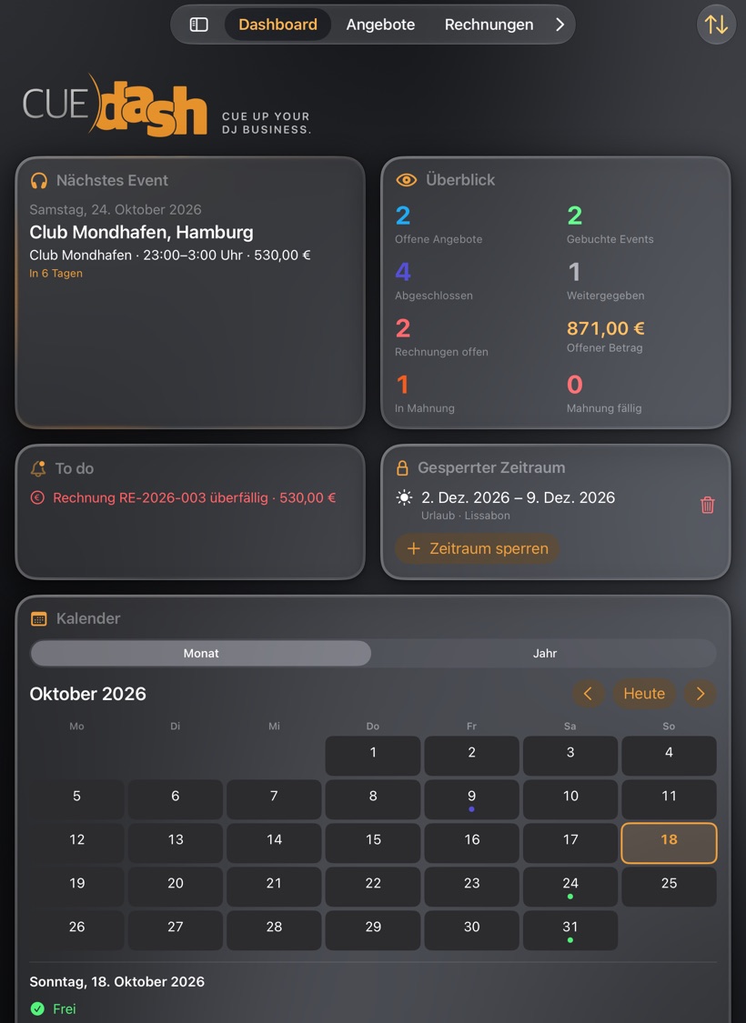 CUEdash auf dem iPad: Dashboard mit nächstem Event, Überblick, To do, gesperrtem Zeitraum und Kalender nebeneinander