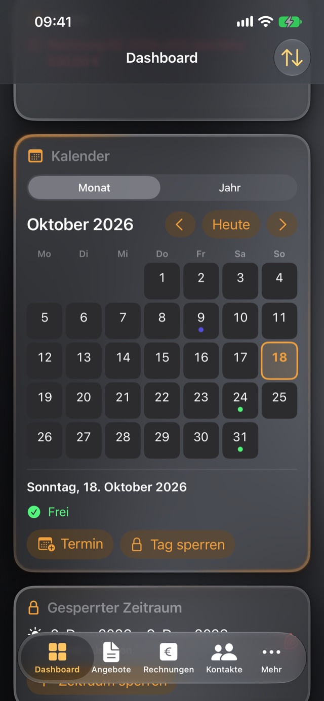 CUEdash: Kalender im Dashboard mit gebuchten Gigs und freien Tagen