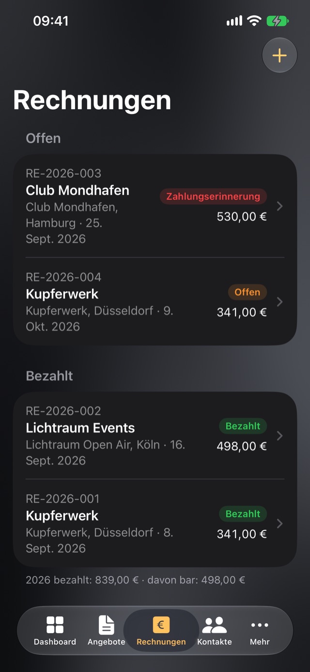 CUEdash: Rechnungen, offen und bezahlt, mit dem Hinweis Zahlungserinnerung